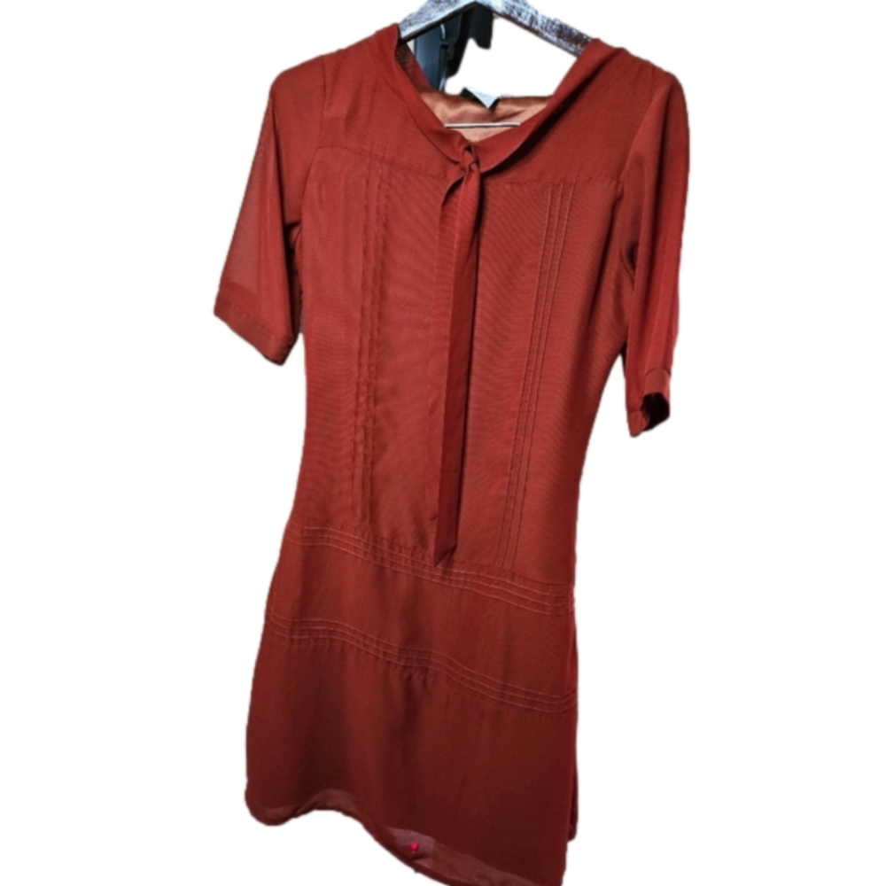 Shabby Apple Burnt Orange Chiffon Short Sleeve Tie Collar Midi Dress-Size 6